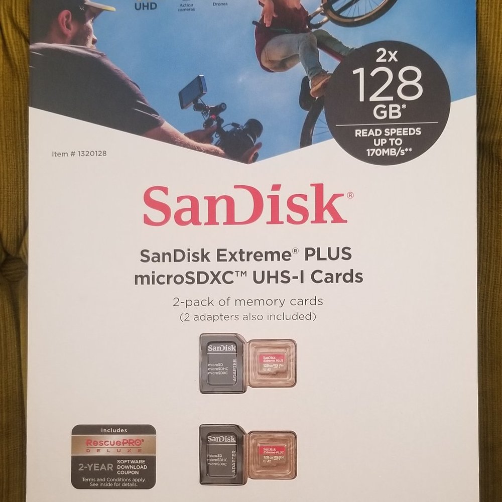 NEW SanDisk Extreme Plus 128GB MicroSDXC UHS-1 Cards with Adapter, 2-pack